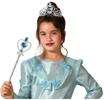 Atosa Carnaval verkleed Tiara/diadeem - Prinsessen kroontje met toverstokje - zilver/blauw - meisjes