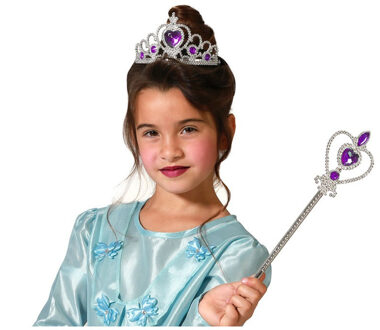 Atosa Carnaval verkleed Tiara/diadeem - Prinsessen kroontje met toverstokje - zilver/paars - meisjes