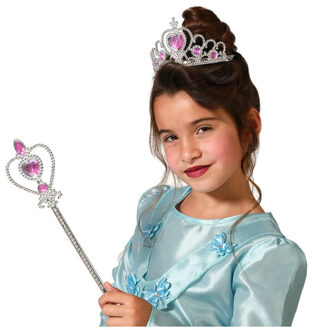 Atosa Carnaval verkleed Tiara/diadeem - Prinsessen kroontje met toverstokje - zilver/roze - meisjes