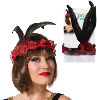 Atosa Charleston Flapper Hoofdband - 2x - tule en veertjes - rood - Dames - jaren 20/Twenties thema
