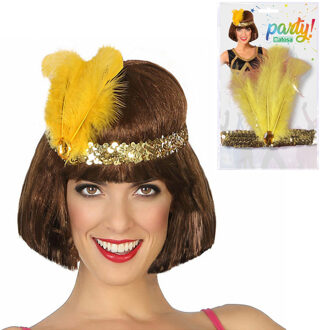 Atosa Charleston Flapper Hoofdband - 4x - met veer en glitters - goud - Dames - jaren 20/Twenties thema