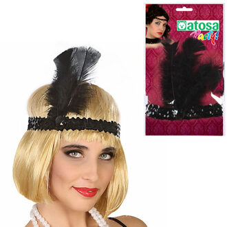 Atosa Charleston Flapper Hoofdband - 4x - met veer en glitters - zwart - Dames - jaren 20/Twenties thema