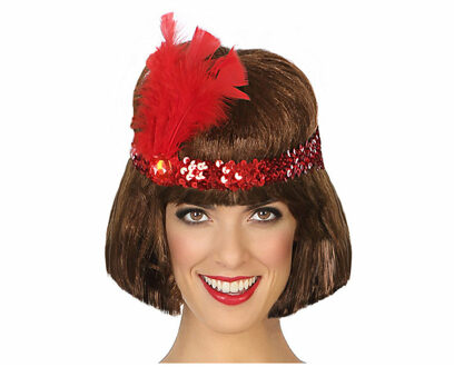 Atosa Charleston Flapper Hoofdband - met veer en glitters - rood - Dames - jaren 20/Twenties thema