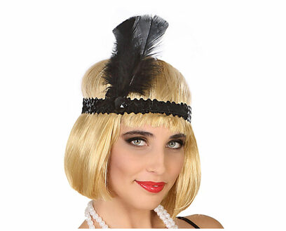 Atosa Charleston Flapper Hoofdband - met veer en glitters - zwart - Dames - jaren 20/Twenties thema