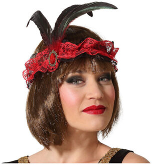 Atosa Charleston Flapper Hoofdband - tule en veertjes - rood - Dames - jaren 20/Twenties thema