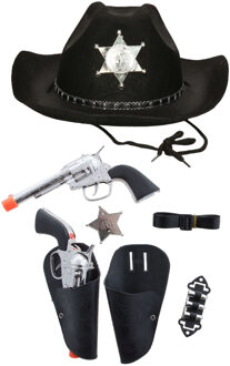 Atosa Cowboy verkleed set - hoed zwart - met 2 pistolen in holsters - voor volwassenen