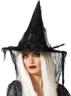 Atosa Halloween heksenhoed - met sluier - one size - zwart - meisjes/dames - Verkleedhoofddeksels