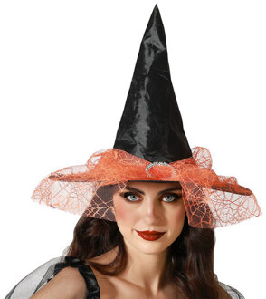 Atosa Halloween heksenhoed - met sluier  - one size - zwart/oranje - meisjes/dames - Verkleedhoofddeksels