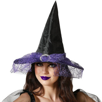 Atosa Halloween heksenhoed - met sluier  - one size - zwart/paars - meisjes/dames - Verkleedhoofddeksels