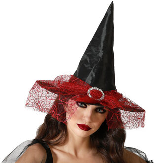 Atosa Halloween heksenhoed - met sluier - one size - zwart/rood - meisjes/dames - Verkleedhoofddeksels