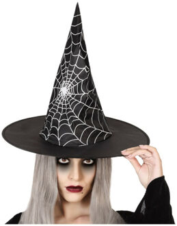 Atosa Halloween heksenhoed - met spinnenweb - one size - zwart/zilver - meisjes/dames - Verkleedhoofddeksels