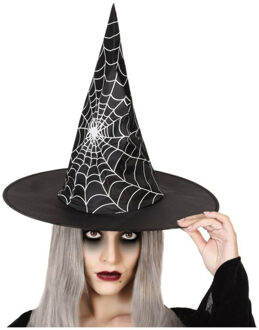 Atosa Halloween heksenhoed - met spinnenweb - one size - zwart/zilver - meisjes/dames