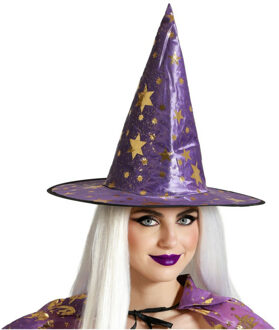 Atosa Halloween heksenhoed - met sterren - one size - paars/goud - meisjes/dames - Verkleedhoofddeksels