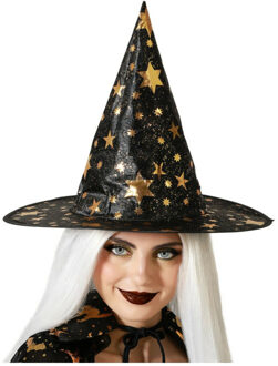 Atosa Halloween heksenhoed - met sterren - one size - zwart/goud - meisjes/dames - Verkleedhoofddeksels