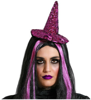 Atosa Halloween heksenhoed - mini hoedje op diadeem - one size - paars glitter - meisjes/dames