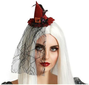 Atosa Halloween heksenhoed - mini hoedje op diadeem - one size - rood - met sluier - meisjes/dames