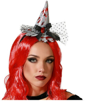 Atosa Halloween heksenhoed - mini hoedje op diadeem - one size - zilver/bloed - meisjes/dames