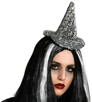 Atosa Halloween heksenhoed - mini hoedje op diadeem - one size - zilver glitter - meisjes/dames