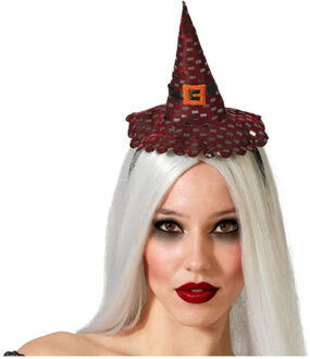 Atosa Halloween heksenhoed - mini hoedje op diadeem - one size - zwart/donkerrood - meisjes/dames