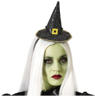 Atosa Halloween heksenhoed - mini hoedje op diadeem - one size - zwart/goud - meisjes/dames