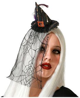 Atosa Halloween heksenhoed - mini hoedje op diadeem - one size - zwart - met sluier - meisjes/dames - Verkleedhoofddeksels