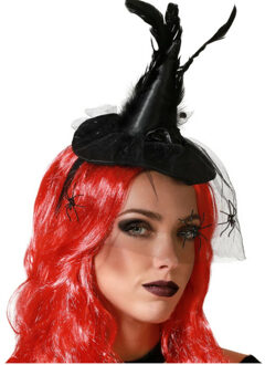 Atosa Halloween heksenhoed - mini hoedje op diadeem - one size - zwart - met sluier - meisjes/dames