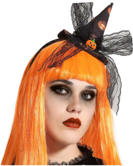 Atosa Halloween heksenhoed - mini hoedje op diadeem - one size - zwart/oranje - meisjes/dames - Verkleedhoofddeksels