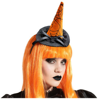 Atosa Halloween heksenhoed - mini hoedje op diadeem - one size - zwart/oranje - meisjes/dames - Verkleedhoofddeksels