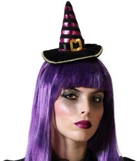 Atosa Halloween heksenhoed - mini hoedje op diadeem - one size - zwart/paars - meisjes/dames - Verkleedhoofddeksels