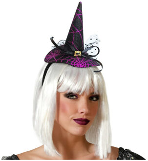 Atosa Halloween heksenhoed - mini hoedje op diadeem - one size - zwart/paars - meisjes/dames - Verkleedhoofddeksels