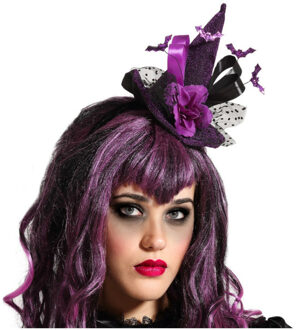 Atosa Halloween heksenhoed - mini hoedje op diadeem - one size - zwart/paars - meisjes/dames - Verkleedhoofddeksels