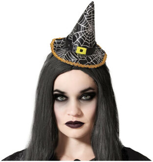 Atosa Halloween heksenhoed - mini hoedje op diadeem - one size - zwart/zilver - meisjes/dames - Verkleedhoofddeksels