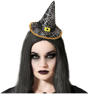 Atosa Halloween heksenhoed - mini hoedje op diadeem - one size - zwart/zilver - meisjes/dames