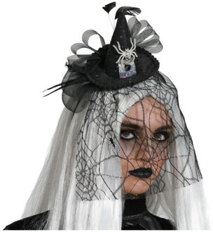 Atosa Halloween heksenhoed - mini hoedje op diadeem - one size - zwart/zilver - meisjes/dames