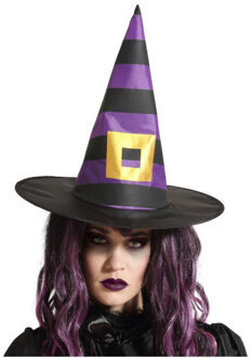 Atosa Halloween heksenhoed Stripes - one size - zwart/paars - meisjes/dames - Verkleedhoofddeksels