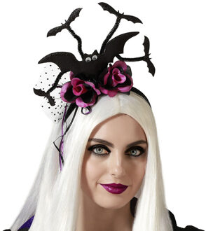 Atosa Halloween/horror verkleed diadeem/tiara - vleermuizen en bloemen - kunststof - dames/meisjes - Verkleedhoofddeksels Zwart