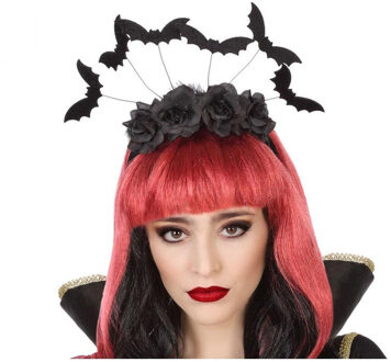 Atosa Halloween/horror verkleed diadeem/tiara - vleermuizen en bloemen - kunststof - dames/meisjes - Verkleedhoofddeksels Zwart