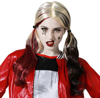 Atosa Halloween verkleedpruik lang haar met staartjes - zwart/blond/rood - dames Multi