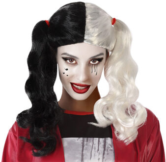 Atosa Halloween verkleedpruik lang haar met staartjes - zwart/wit - dames Multi