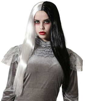 Atosa Halloween verkleedpruik lang haar - zwart/wit - dames - Zombie/Spook/Heks