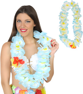Atosa Hawaii krans/slinger - 2x - Tropische kleuren blauw - Grote bloemen hals slingers - verkleed