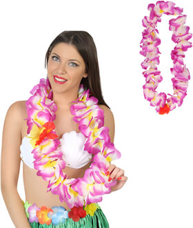 Atosa Hawaii krans/slinger - 2x - Tropische kleuren paars - Grote bloemen hals slingers - verkleed