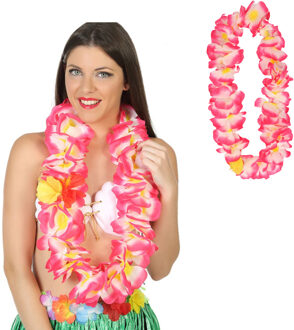 Atosa Hawaii krans/slinger - 2x - Tropische kleuren roze - Grote bloemen hals slingers - verkleed