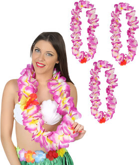 Atosa Hawaii krans/slinger - 4x - Tropisch paars - Grote bloemen hals slingers - verkleed accessoires