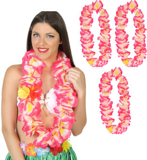 Atosa Hawaii krans/slinger - 4x - Tropische kleuren roze - Grote bloemen hals slingers - verkleed