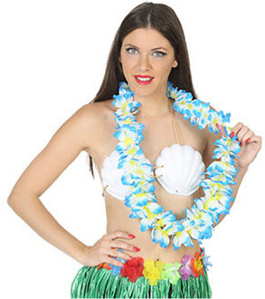 Atosa Hawaii krans/slinger - Tropische kleuren mix blauw/wit - Bloemen hals slingers - verkleed accessoire