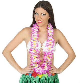 Atosa Hawaii krans/slinger - Tropische kleuren mix paars/wit - Bloemen hals slingers - verkleed accessoire