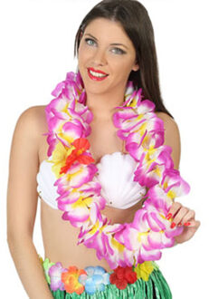 Atosa Hawaii krans/slinger - Tropische kleuren paars - Grote bloemen hals slingers - verkleed accessoires