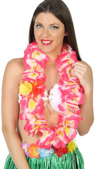 Atosa Hawaii krans/slinger - Tropische kleuren roze - Grote bloemen hals slingers - verkleed accessoires