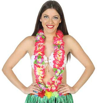 Atosa Hawaii krans/slinger - Tropische kleuren roze - Grote bloemen hals slingers - verkleed accessoires